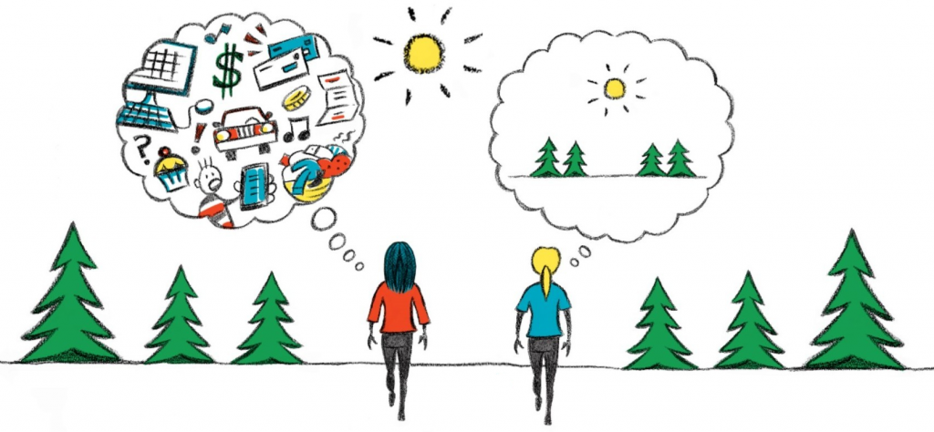 A drawing of two women walking near some trees. The mind of the woman on the left is completely full of thoughts and worries. The mind of the women on the right is only on the trees and the sun. It shows the difference between having a mind-that's-full or being mindful (focused on the present moment).
